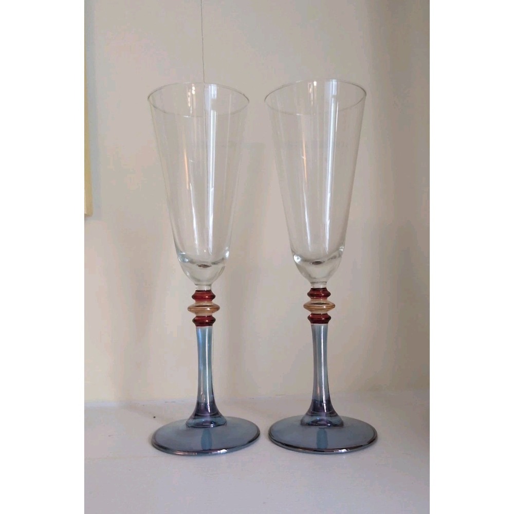 Pier 1 Iridescent Blue Stem Art Glass Champagne Flutes S/2 Burgundy Accents